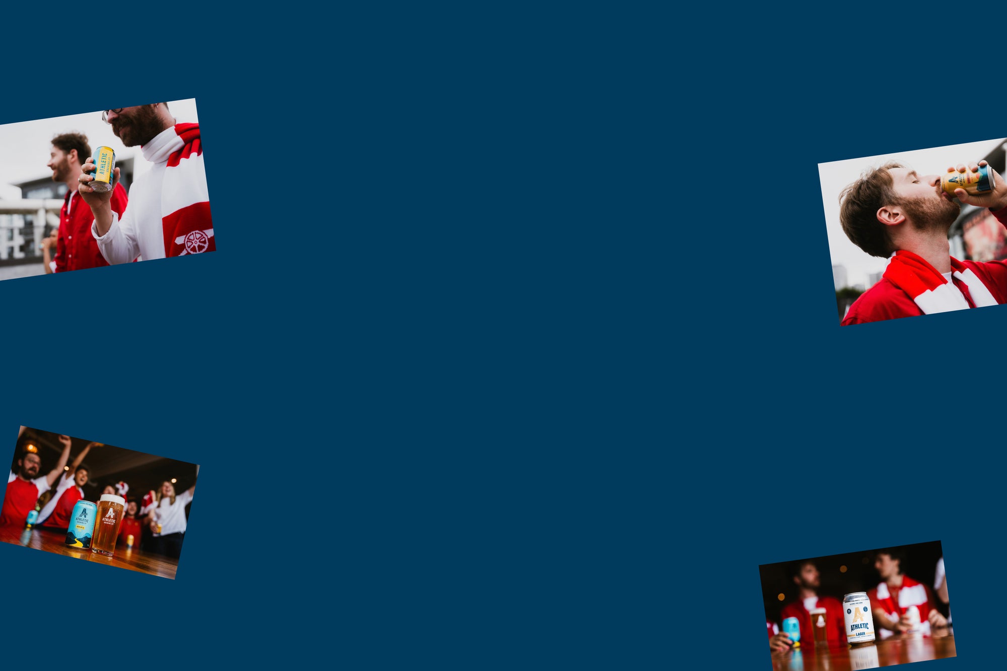 Collage of images with people in red and white shirts on a blue background